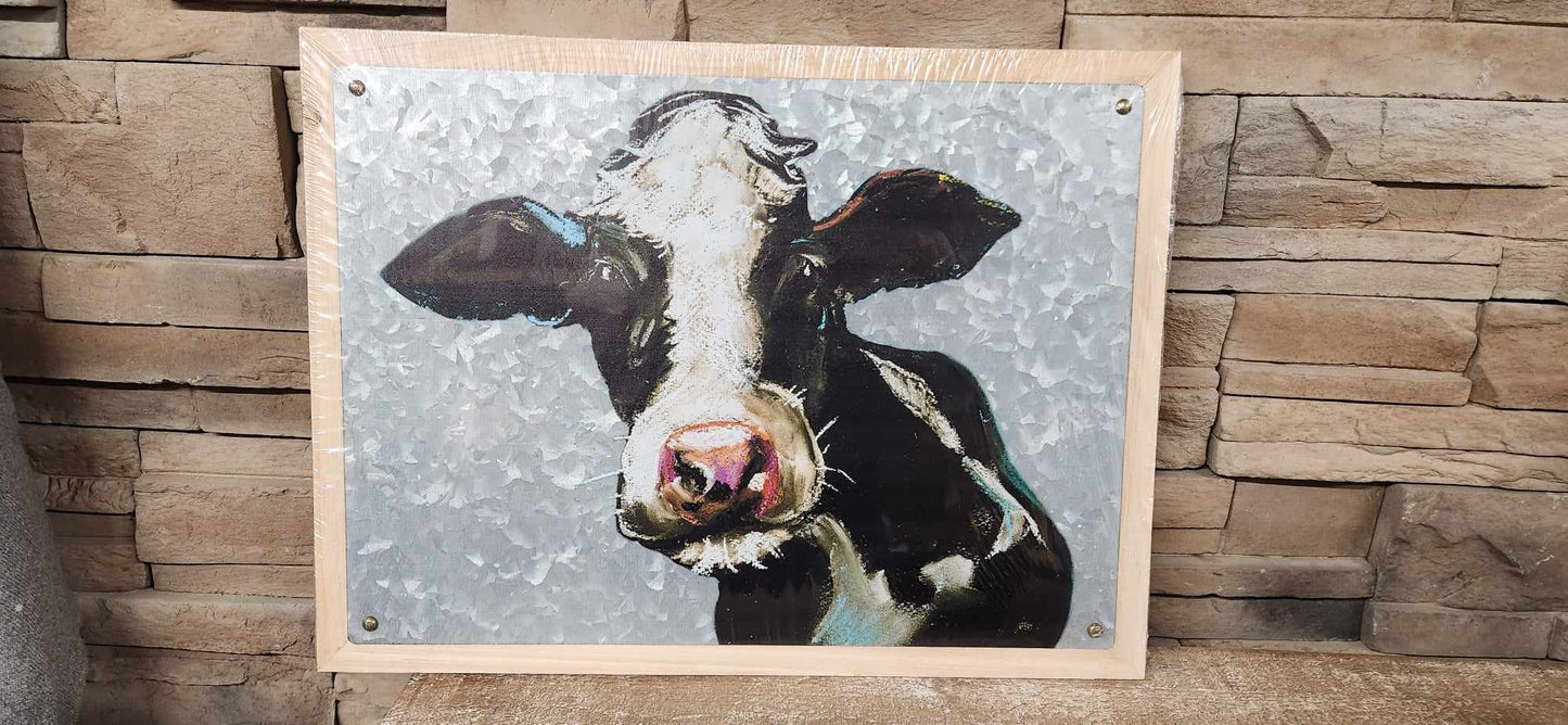 Cadre avec dessin de vache / Bois / métal/ Nature