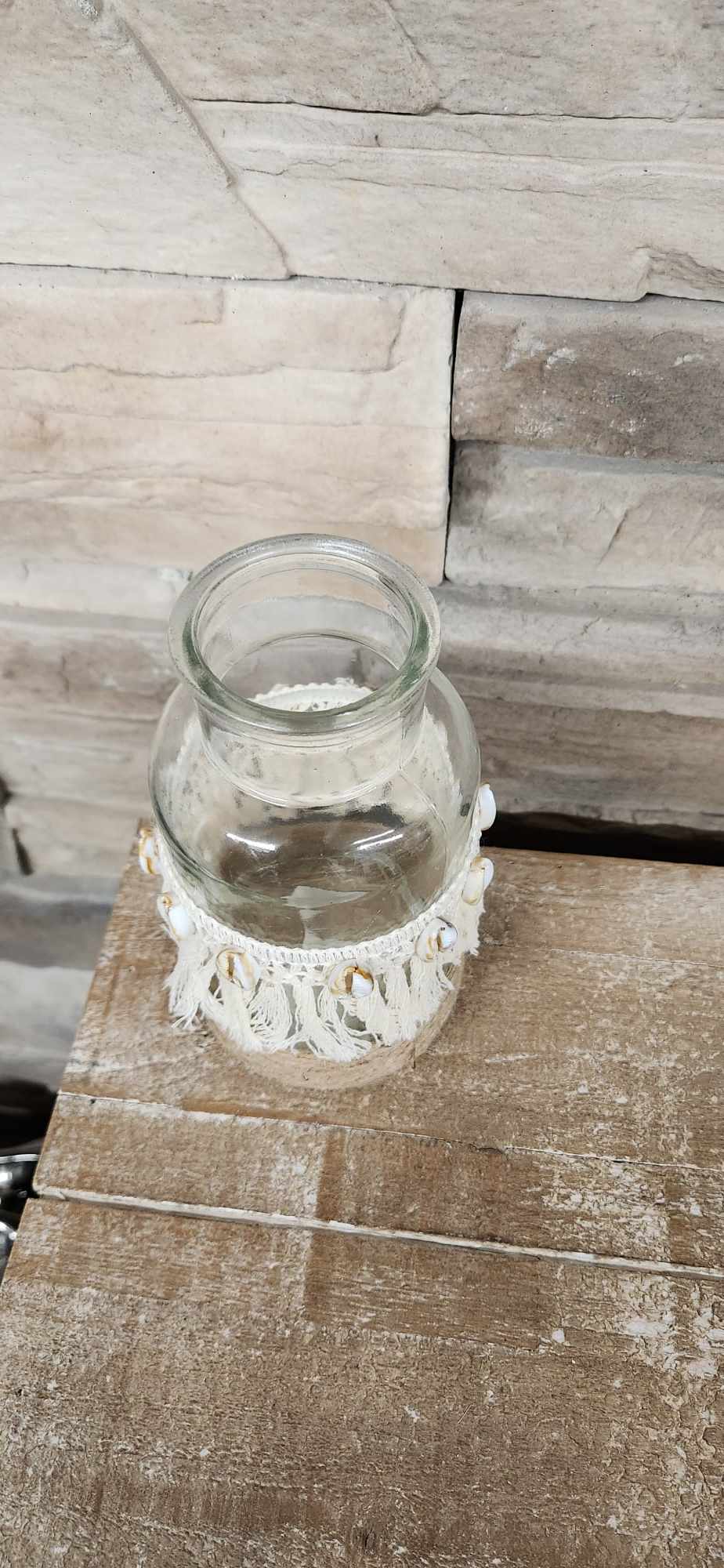 Pot en verre et macramé / Naturel /Beige /Coquillage