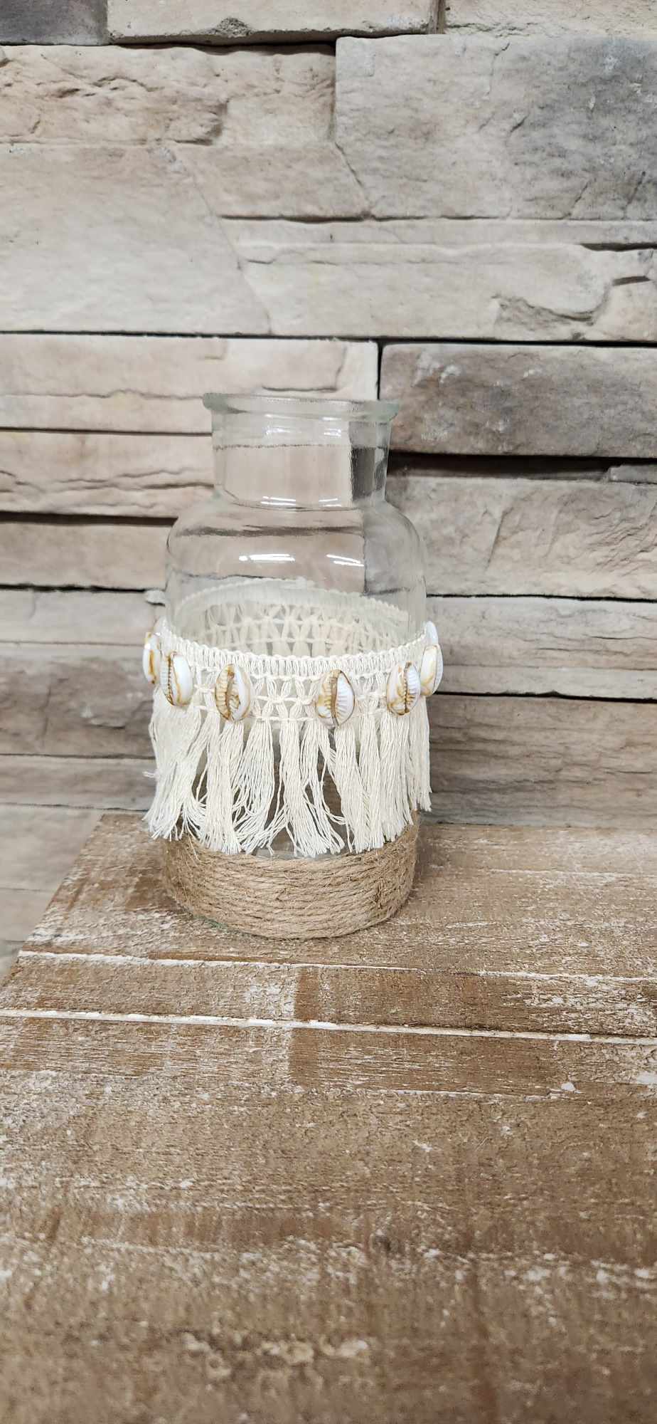 Pot en verre et macramé / Naturel /Beige /Coquillage