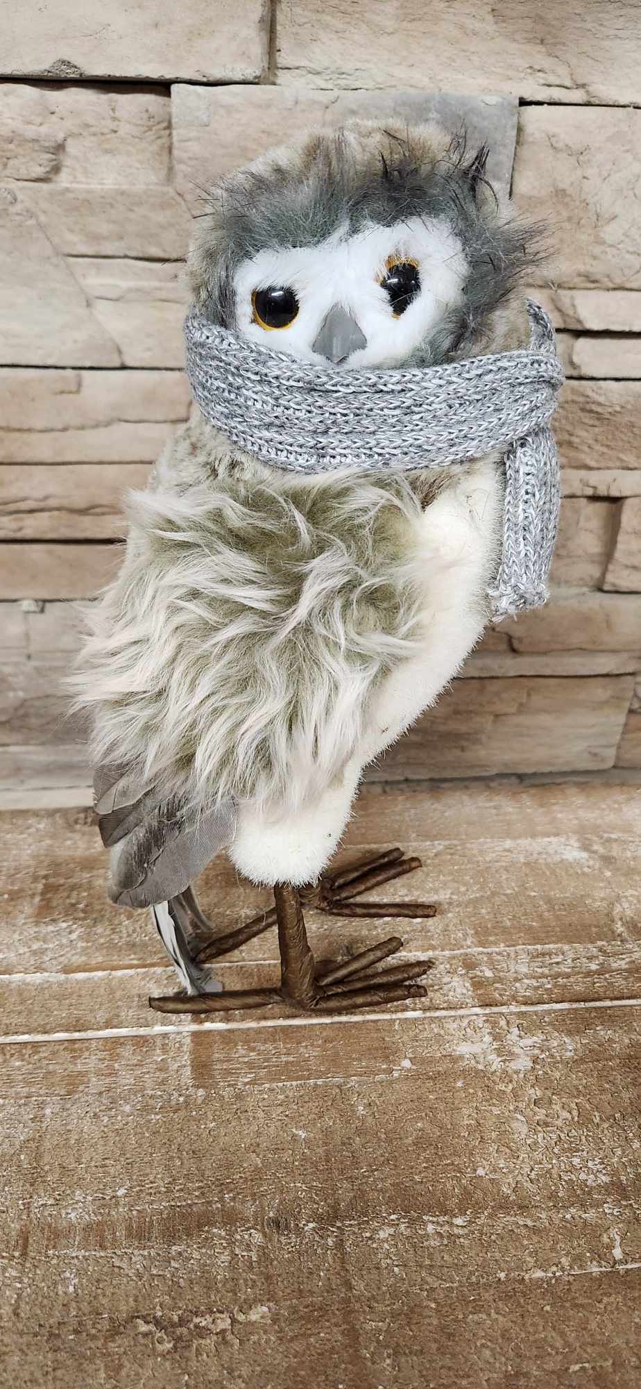Hibou en peluche hivernal / beige / gris / doux
