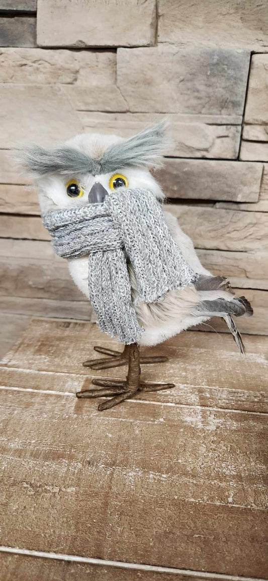 Petit hibou en peluche hivernal / Gris / Blanc/ Beige