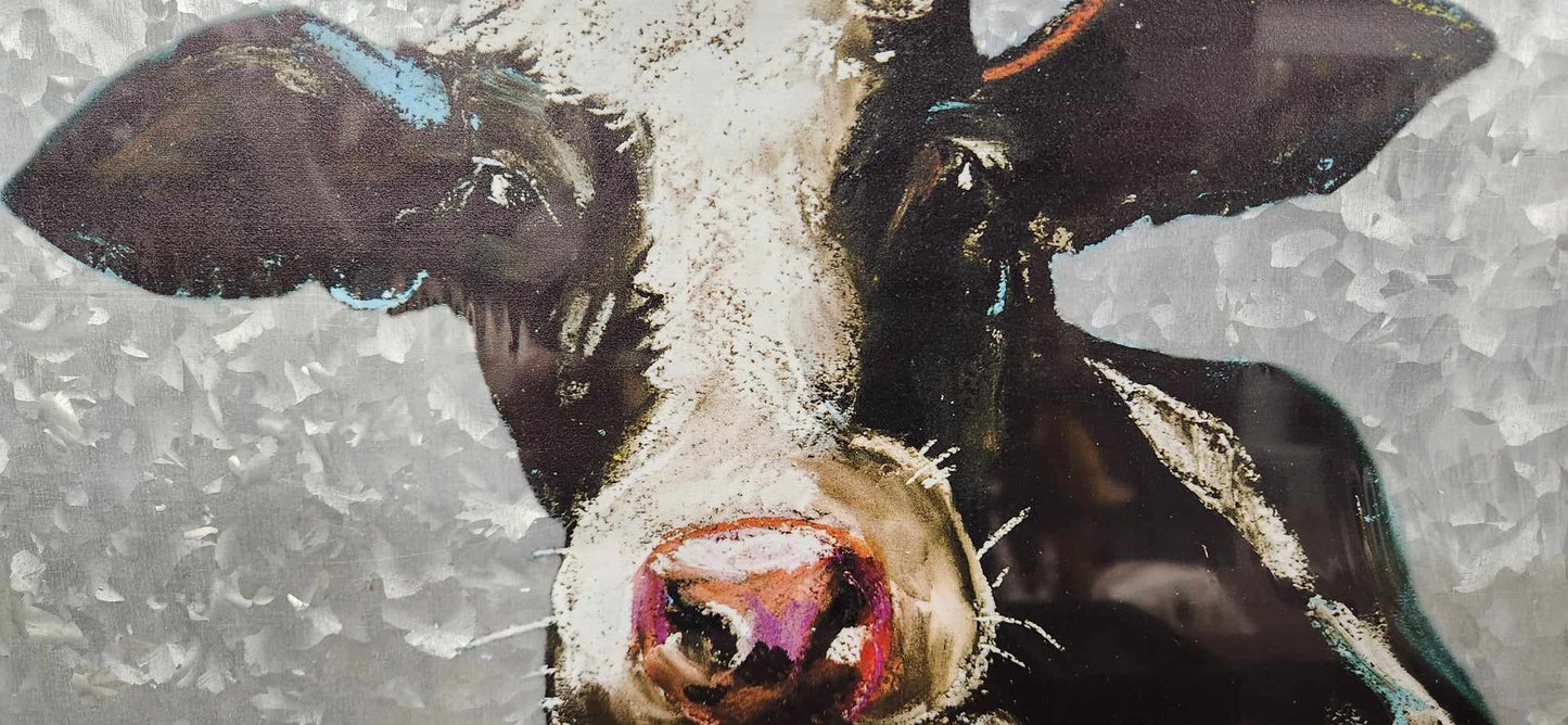 Cadre avec dessin de vache / Bois / métal/ Nature